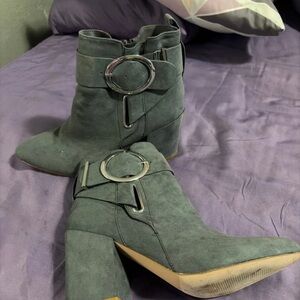 Boots Teal Suede Buckle Block Heel Ankle Booties